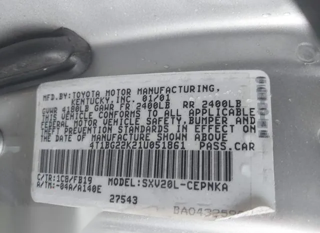 4T1BG22K21U051861 2001 2001 Toyota Camry- LE 9