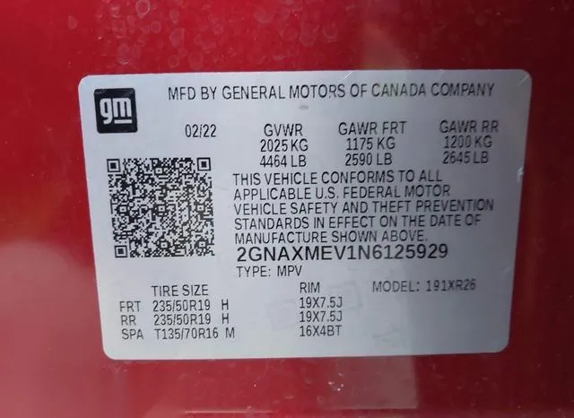 2GNAXMEV1N6125929 2022 2022 Chevrolet Equinox- Fwd Rs 9