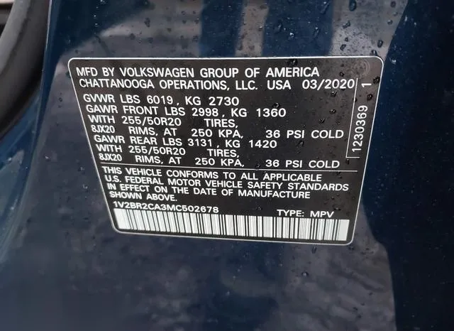 1V2BR2CA3MC502678 2021 2021 Volkswagen Atlas- 3-6L V6 Sel 9