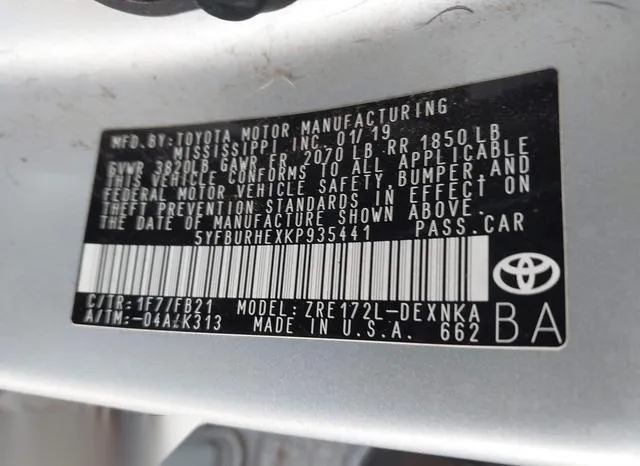 5YFBURHEXKP935441 2019 2019 Toyota Corolla- LE 9