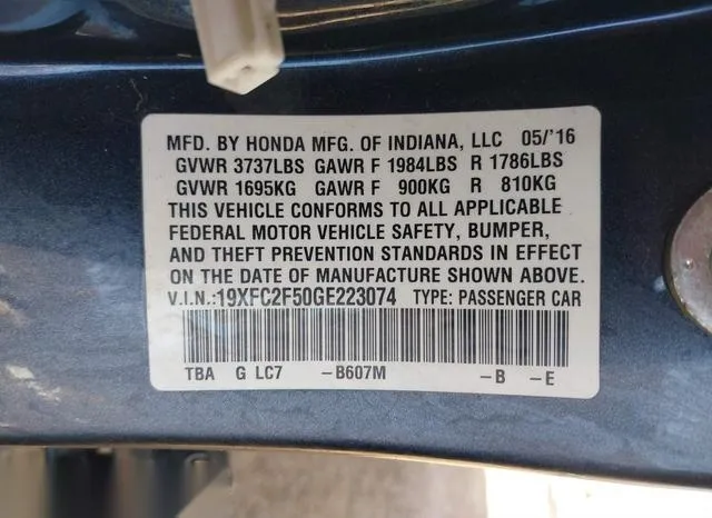 19XFC2F50GE223074 2016 2016 Honda Civic- LX 9