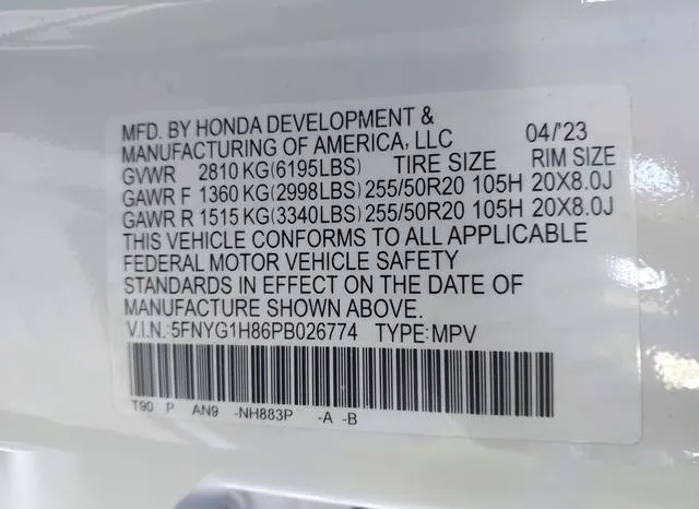 5FNYG1H86PB026774 2023 2023 Honda Pilot- Awd Elite 9