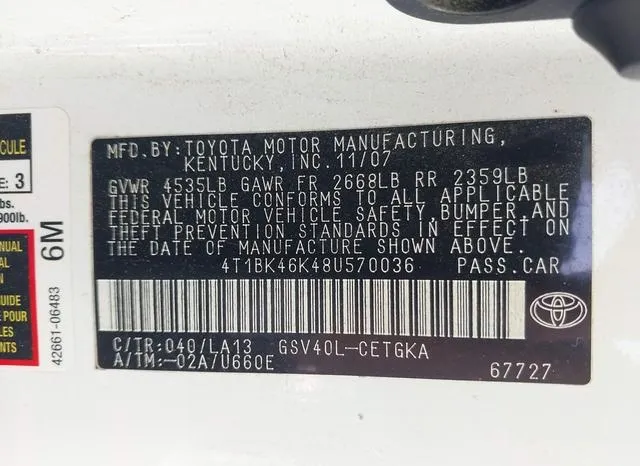 4T1BK46K48U570036 2008 2008 Toyota Camry- Xle V6 9