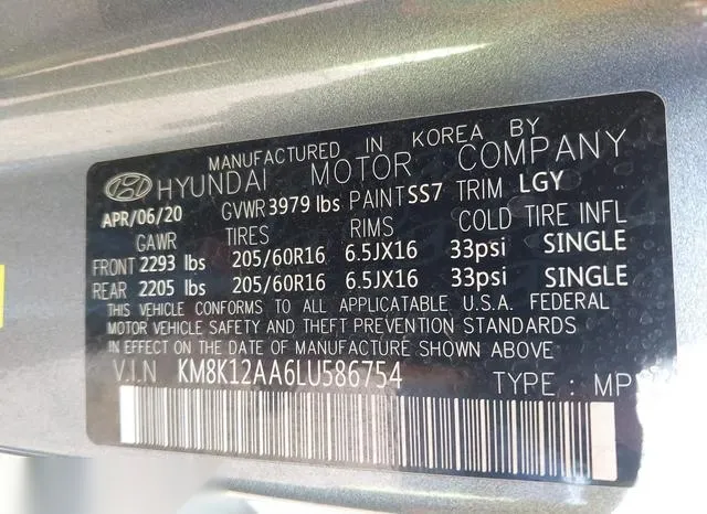 KM8K12AA6LU586754 2020 2020 Hyundai Kona- SE 9