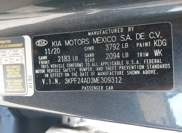 3KPF24AD3ME309312 2021 2021 KIA Forte- Lxs 9