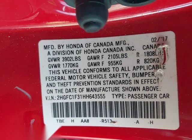 2HGFC1F31HH643555 2017 2017 Honda Civic- Ex-T 9