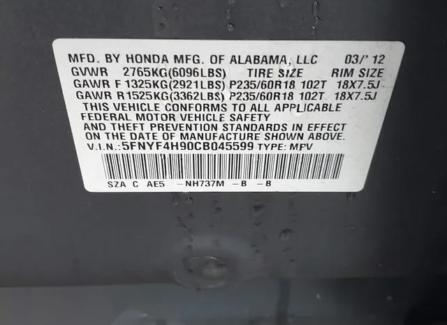 5FNYF4H90CB045599 2012 2012 Honda Pilot- Touring 9