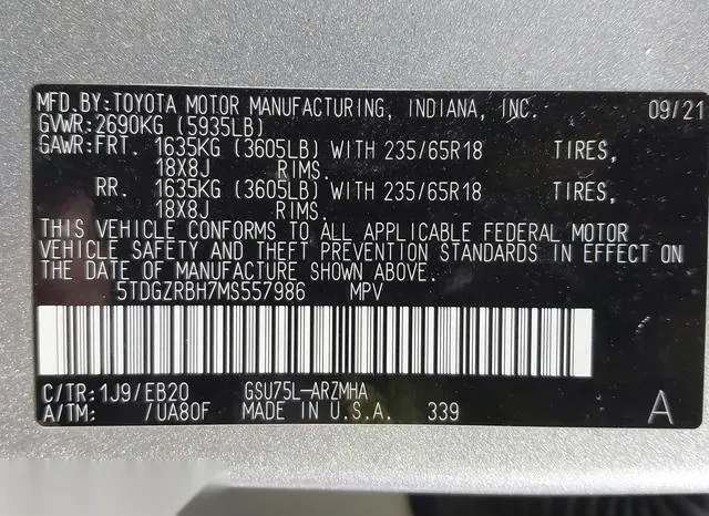 5TDGZRBH7MS557986 2021 2021 Toyota Highlander- Xle 9