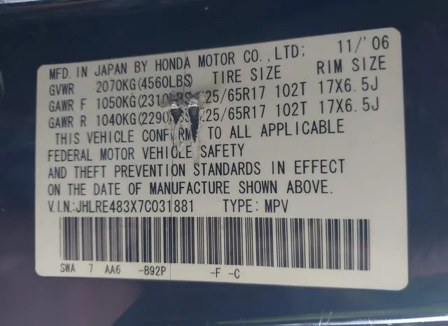 JHLRE483X7C031881 2007 2007 Honda CR-V- LX 9