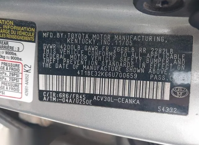 4T1BE32K66U700659 2006 2006 Toyota Camry- LE 9