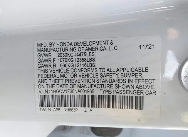 1HGCV1F30NA001965 2022 2022 Honda Accord- Sport 9