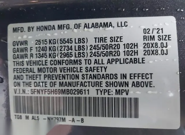 5FNYF5H69MB029611 2021 2021 Honda Pilot- 2Wd Touring 7 Pass 9