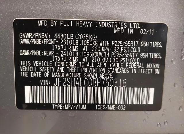 JF2SHAHC0BH750316 2011 2011 Subaru Forester- 2-5X Touring 9