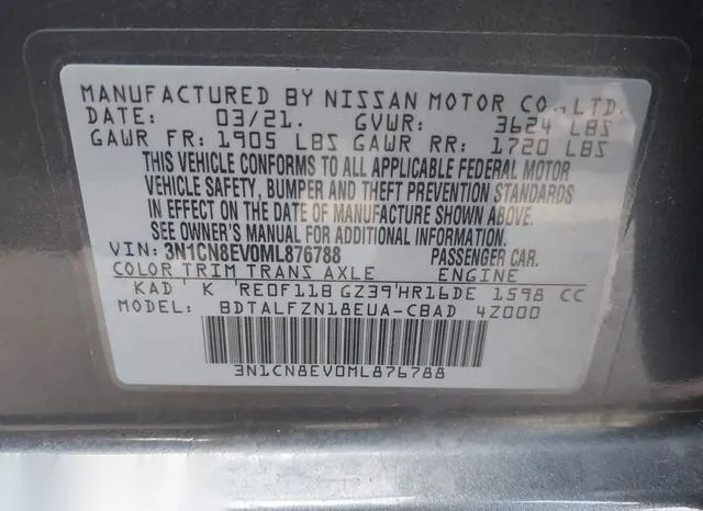 3N1CN8EV0ML876788 2021 2021 Nissan Versa- Sv Xtronic Cvt 9