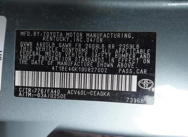 4T1BE46K19U827002 2009 2009 Toyota Camry- Xle 9