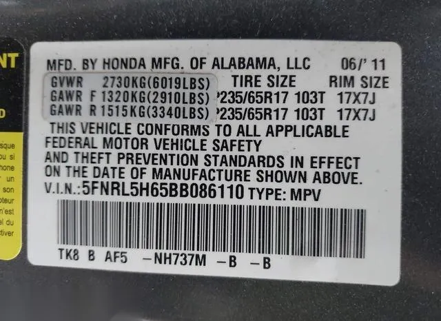 5FNRL5H65BB086110 2011 2011 Honda Odyssey- Ex-L 9