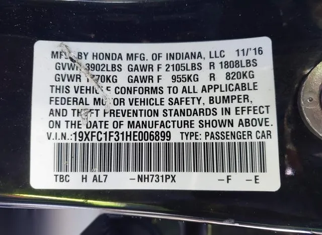 19XFC1F31HE006899 2017 2017 Honda Civic- Ex-T 9