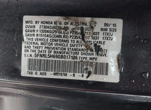 5FNRL5H69GB017136 2016 2016 Honda Odyssey- Ex-L 9