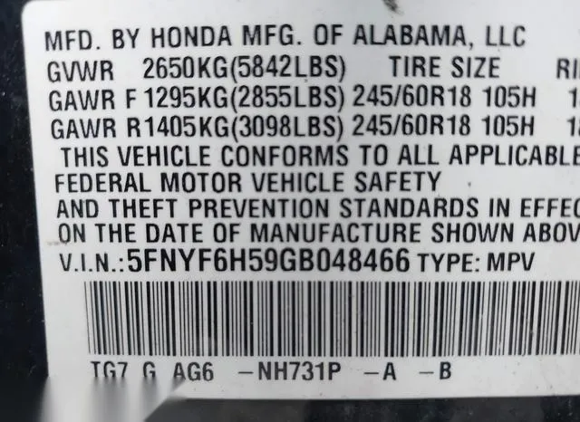 5FNYF6H59GB048466 2016 2016 Honda Pilot- Ex-L 9