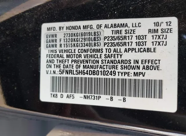 5FNRL5H64DB010249 2013 2013 Honda Odyssey- Ex-L 9