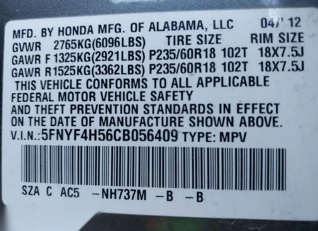 5FNYF4H56CB056409 2012 2012 Honda Pilot- Ex-L 9