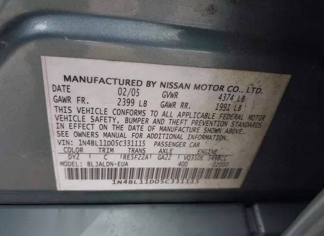 1N4BL11D05C331115 2005 2005 Nissan Altima- 3-5 SL 9