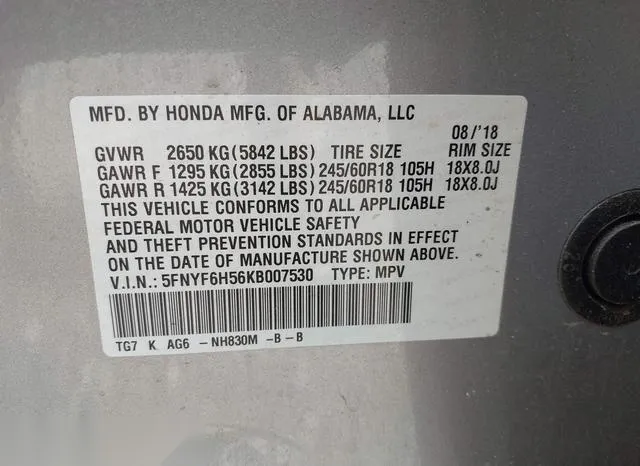 5FNYF6H56KB007530 2019 2019 Honda Pilot- Ex-L 9