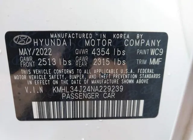 KMHL34J24NA229239 2022 2022 Hyundai Sonata- Limited 9