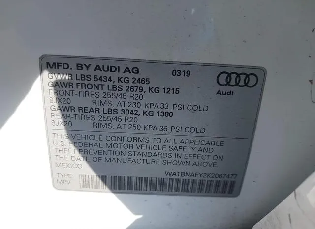 WA1BNAFY2K2087477 2019 2019 Audi Q5- 45 Premium 9