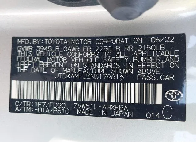 JTDKAMFU3N3179616 2022 2022 Toyota Prius- LE 9