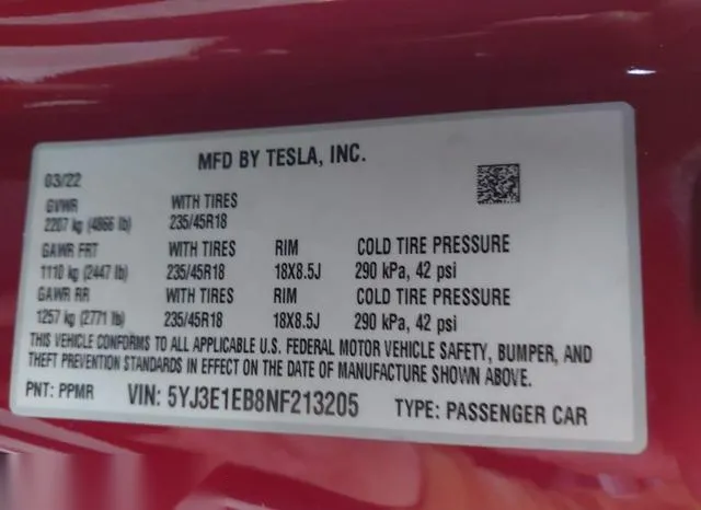 5YJ3E1EB8NF213205 2022 2022 Tesla Model 3- Long Range Dual 9