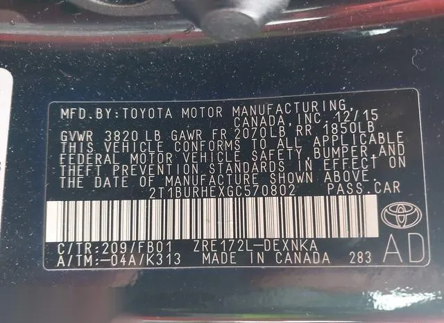 2T1BURHEXGC570802 2016 2016 Toyota Corolla- LE 9