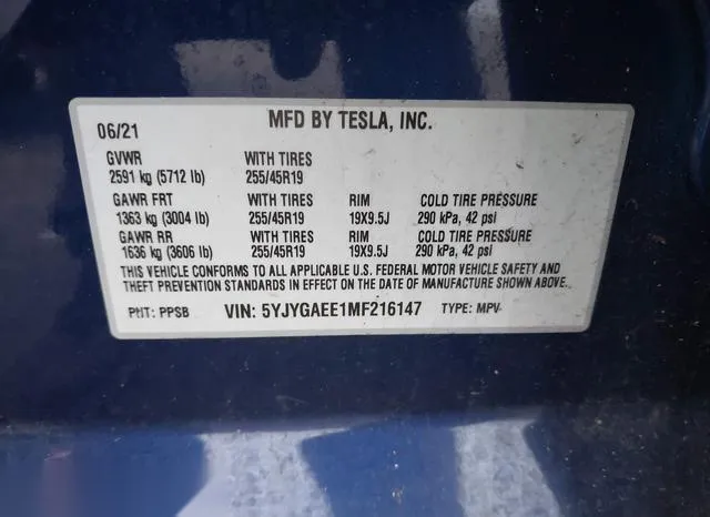 5YJYGAEE1MF216147 2021 2021 Tesla Model Y- Long Range Dual 9