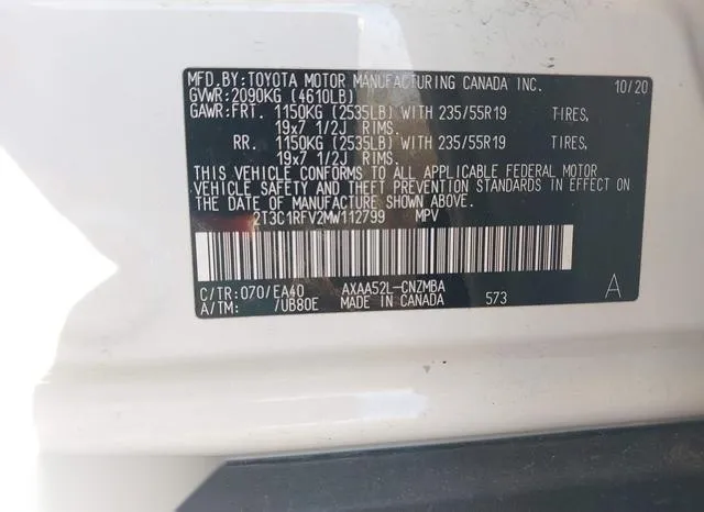 2T3C1RFV2MW112799 2021 2021 Toyota RAV4- Xle Premium 9