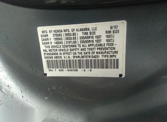 5FNRL38757B124231 2007 2007 Honda Odyssey- Ex-L 9