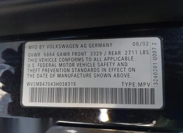 WV2MB47043H038315 2003 2003 Volkswagen Eurovan- MV 9