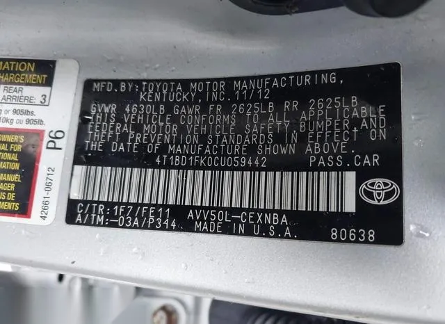 4T1BD1FK0CU059442 2012 2012 Toyota Camry- Hybrid LE 9