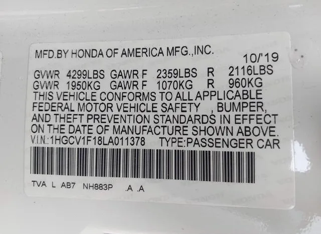 1HGCV1F18LA011378 2020 2020 Honda Accord- LX 9