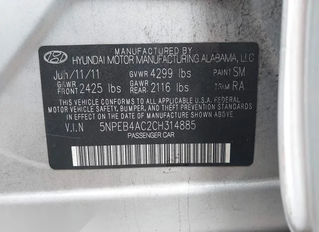 5NPEB4AC2CH314885 2012 2012 Hyundai Sonata- Gls 9