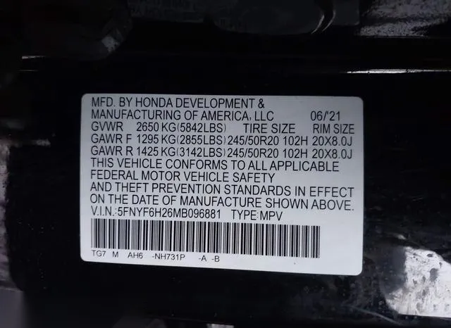 5FNYF6H26MB096881 2021 2021 Honda Pilot- Awd Special Edition 9