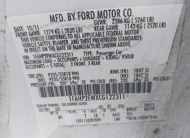 1FAHP2EWXCG122311 2012 2012 Ford Taurus- Sel 9