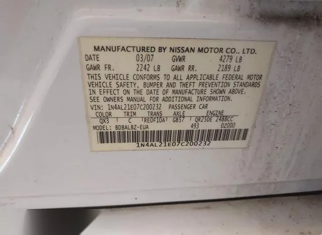 1N4AL21E07C200232 2007 2007 Nissan Altima- 2-5 S 9