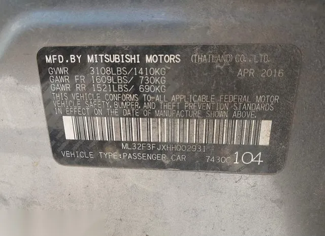 ML32F3FJXHH002931 2017 2017 Mitsubishi Mirage- G4 ES 9