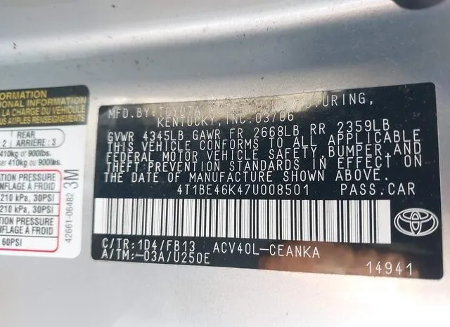 4T1BE46K47U008501 2007 2007 Toyota Camry- LE 9