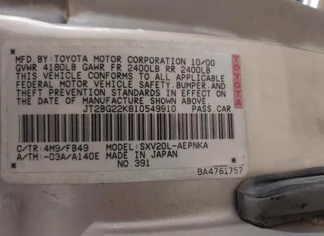 JT2BG22K810549910 2001 2001 Toyota Camry- LE 9