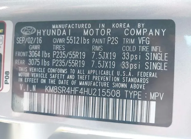 KM8SR4HF4HU215508 2017 2017 Hyundai Santa Fe- Se Ultimate 9