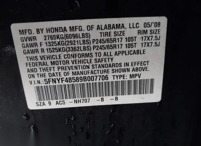 5FNYF48589B007706 2009 2009 Honda Pilot- Ex-L 9