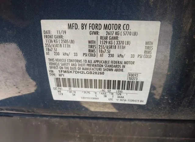 1FMSK7DH2LGB28260 2020 2020 Ford Explorer- Xlt 9