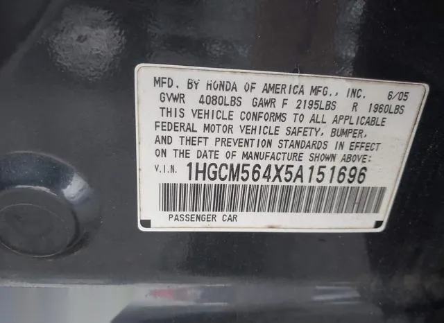 1HGCM564X5A151696 2005 2005 Honda Accord- 2-4 LX 9