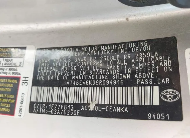 4T4BE46K09R094916 2009 2009 Toyota Camry- LE 9